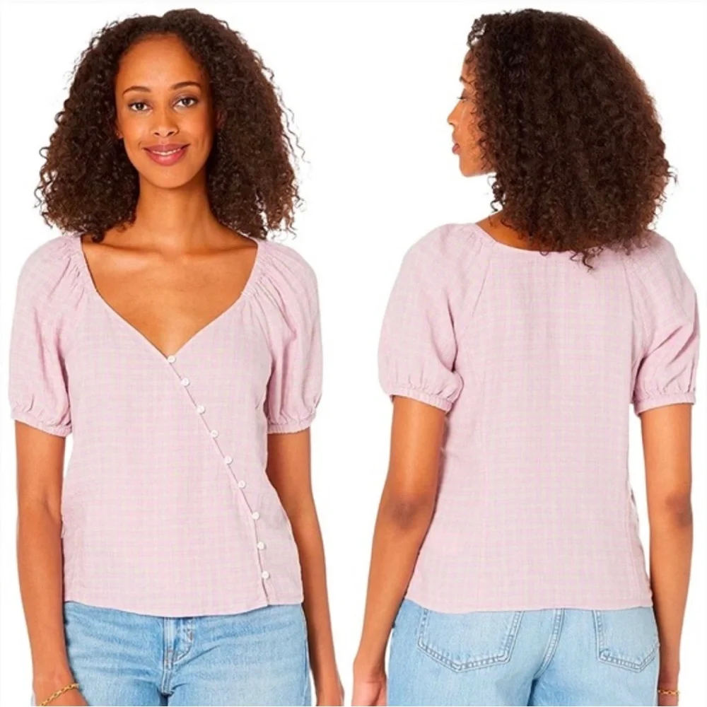 Madewell Women’s Linen Blend Lavender Plaid Puff Sleeve Button Wrap Top Size XL